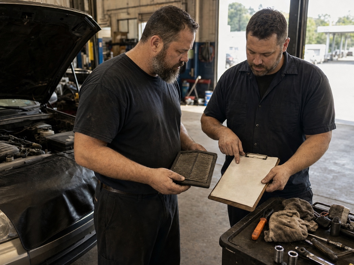 Two technicians comparing a used air filter with a blank inspection checklist beside an open hood.