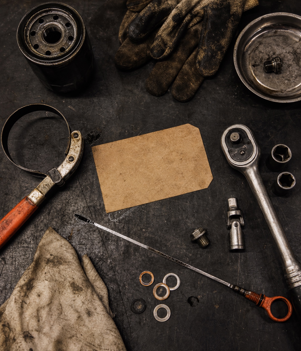 Oil-change tools, a used filter, gloves, drain-plug washers, and a blank service card arranged on a worn bench.