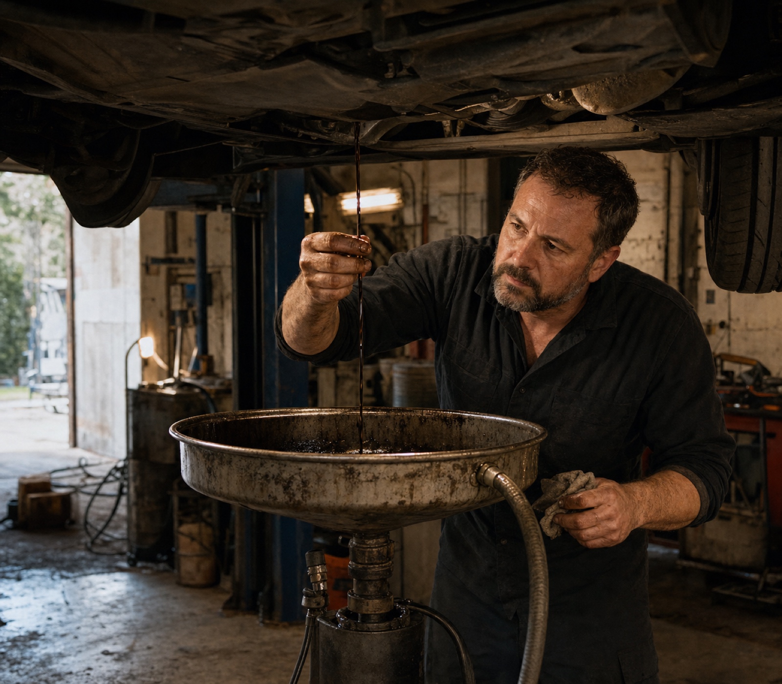 A technician inspecting used motor oil draining from a raised vehicle in an independent service bay.