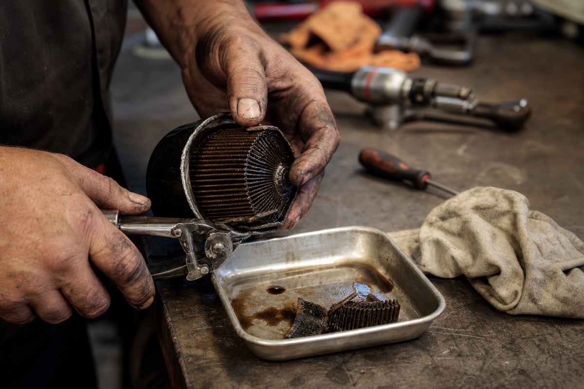Grease-marked hands inspecting the pleated media inside a cut-open used oil filter.